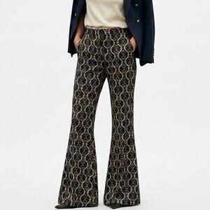 Zara Equestrian Print Pants Womens M Navy & Gold Horse Bit Chain & Buckle Tack
